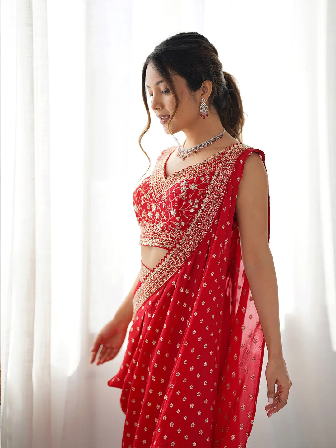Tradition Crimson Elegance Red Fusion Indo-Western Saree