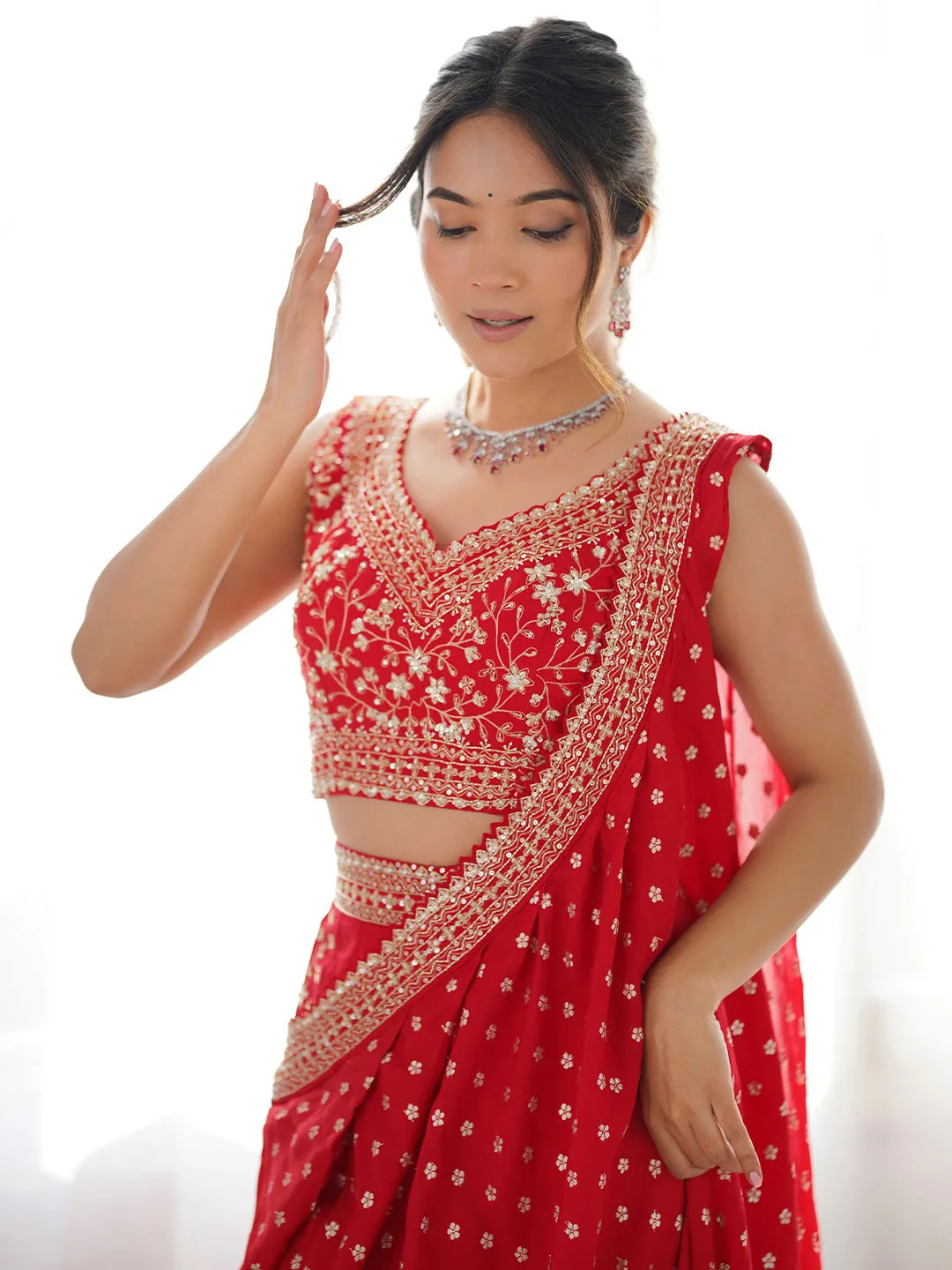 Tradition Crimson Elegance Red Fusion Indo-Western Saree