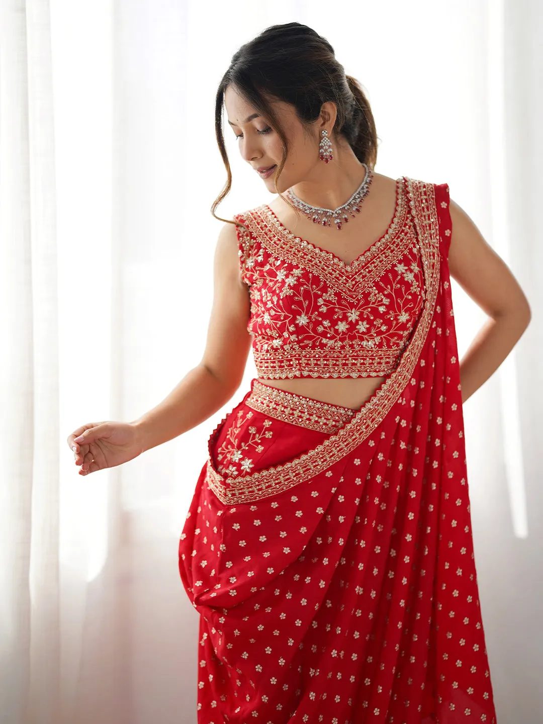 Tradition Crimson Elegance Red Fusion Indo-Western Saree