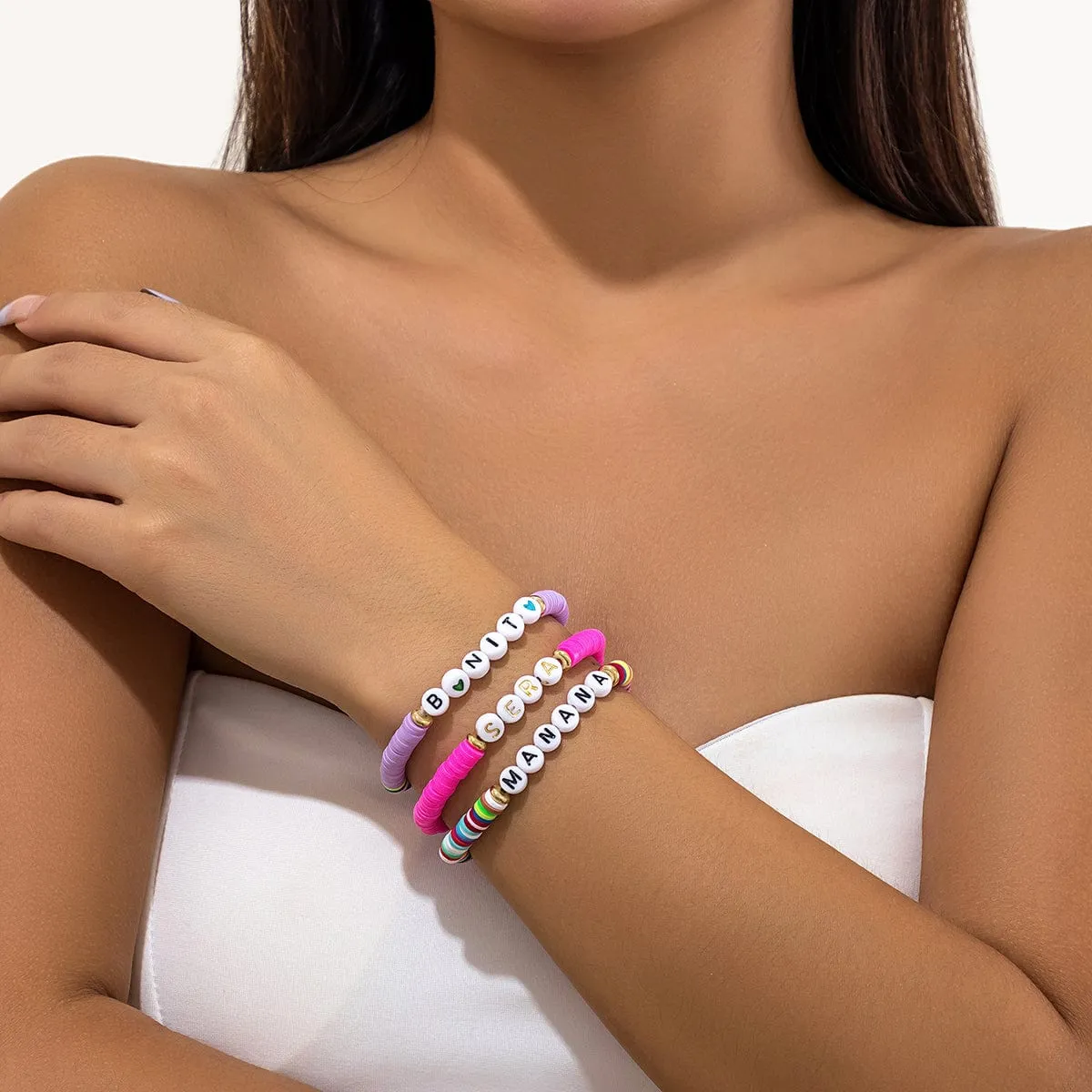Trendy Layered Polymer Clay Letter Stackable Bracelet Set