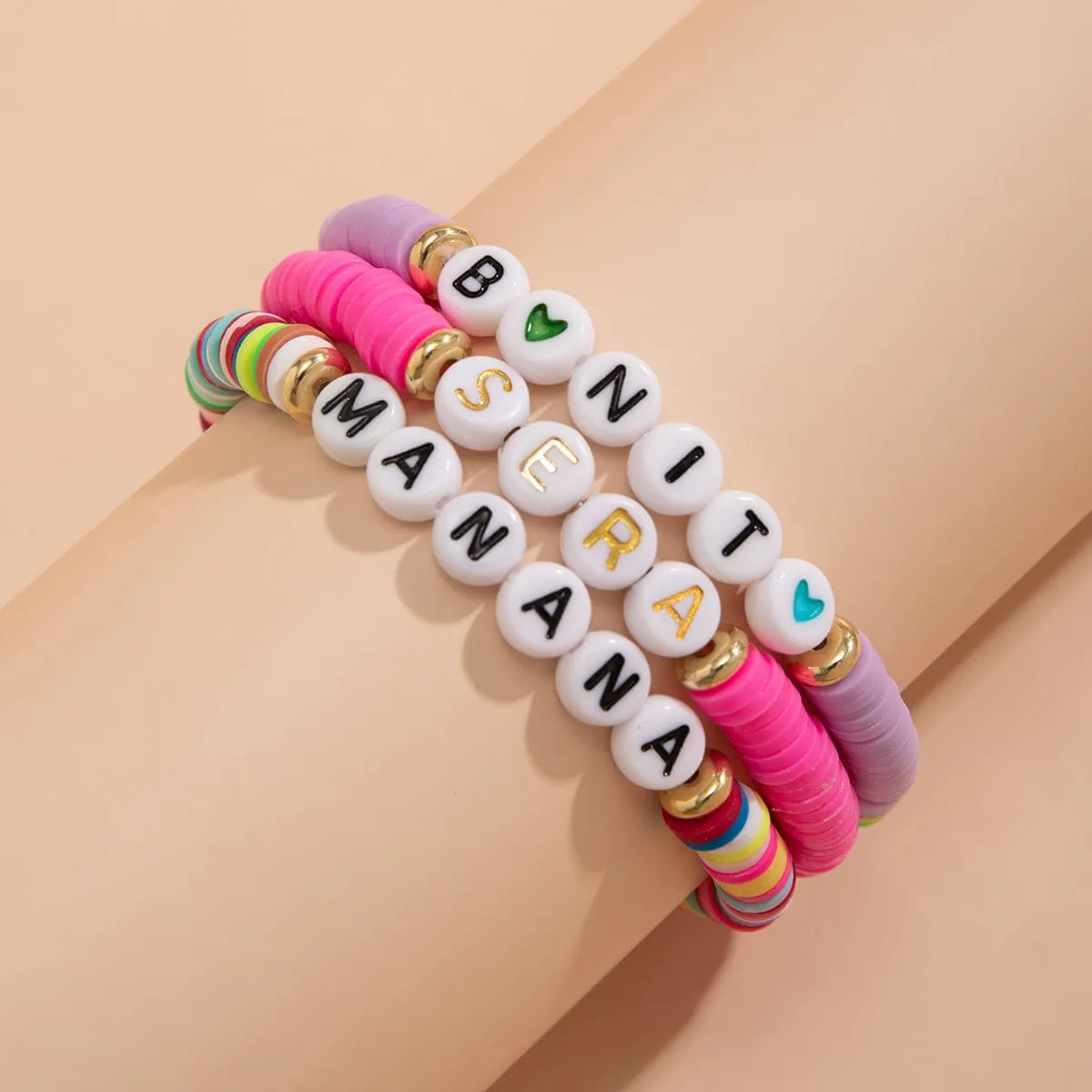 Trendy Layered Polymer Clay Letter Stackable Bracelet Set