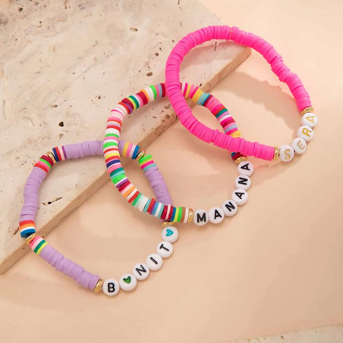 Trendy Layered Polymer Clay Letter Stackable Bracelet Set