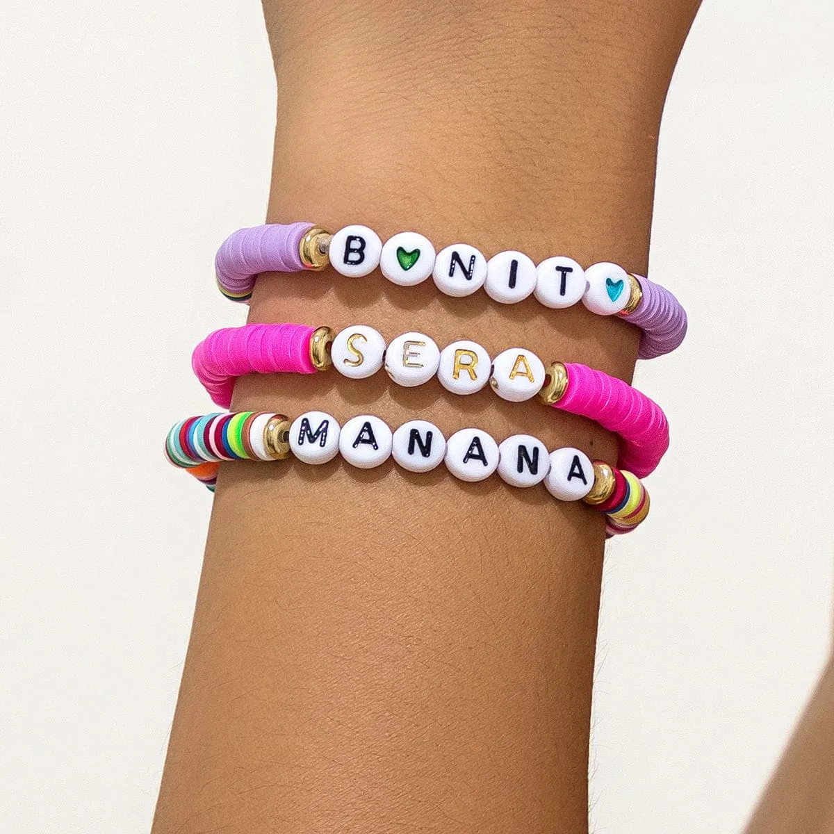 Trendy Layered Polymer Clay Letter Stackable Bracelet Set