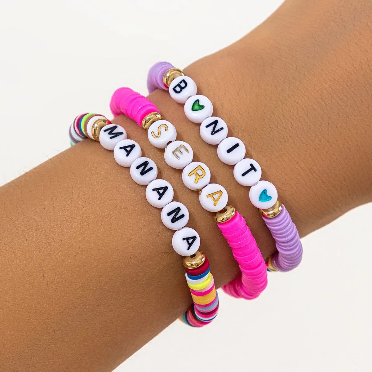Trendy Layered Polymer Clay Letter Stackable Bracelet Set