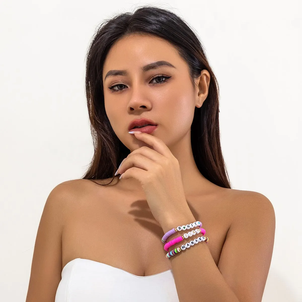 Trendy Layered Polymer Clay Letter Stackable Bracelet Set