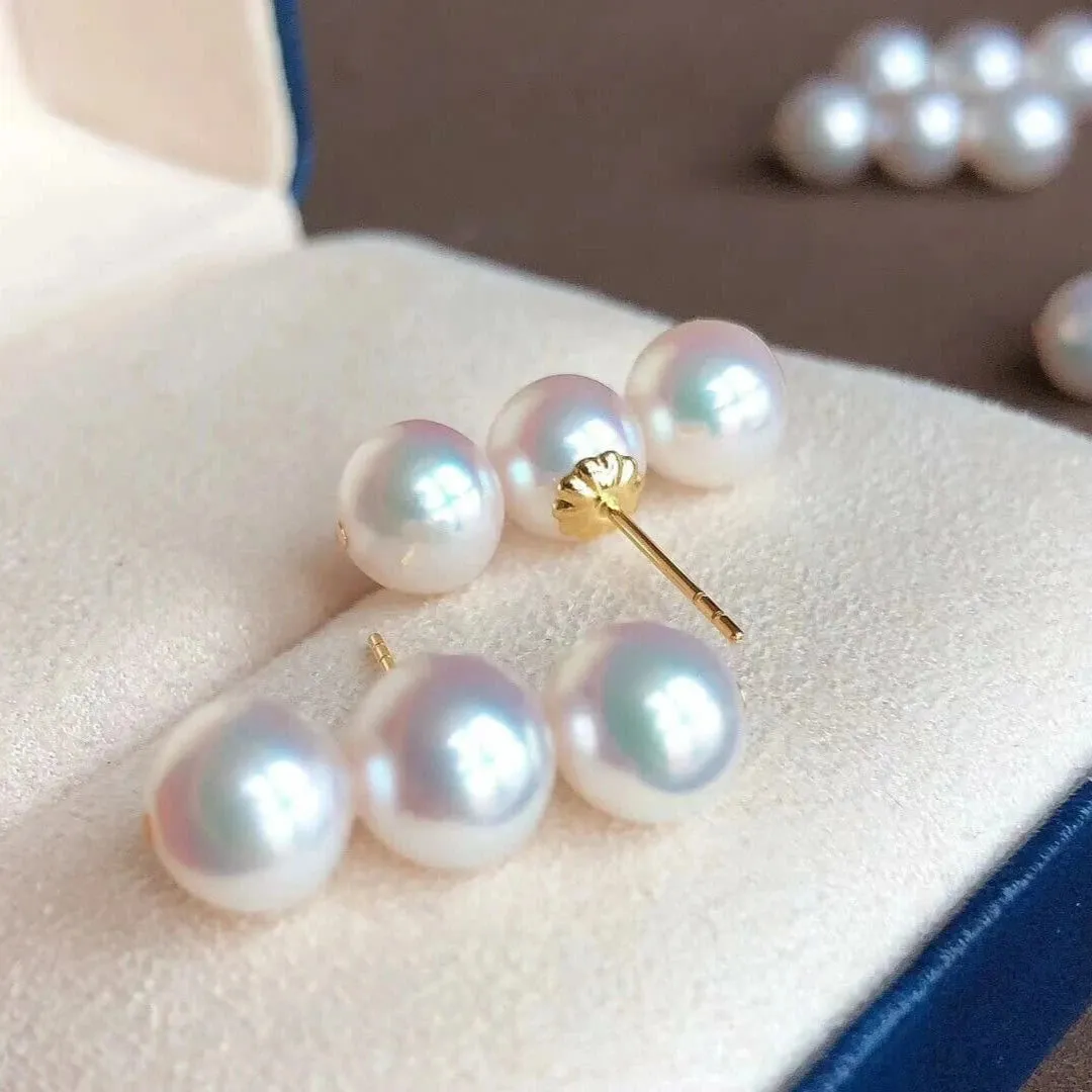Tri-Pearl 7.0-7.5 mm Japanese Akoya Pearl Stud Earrings in 18K Gold