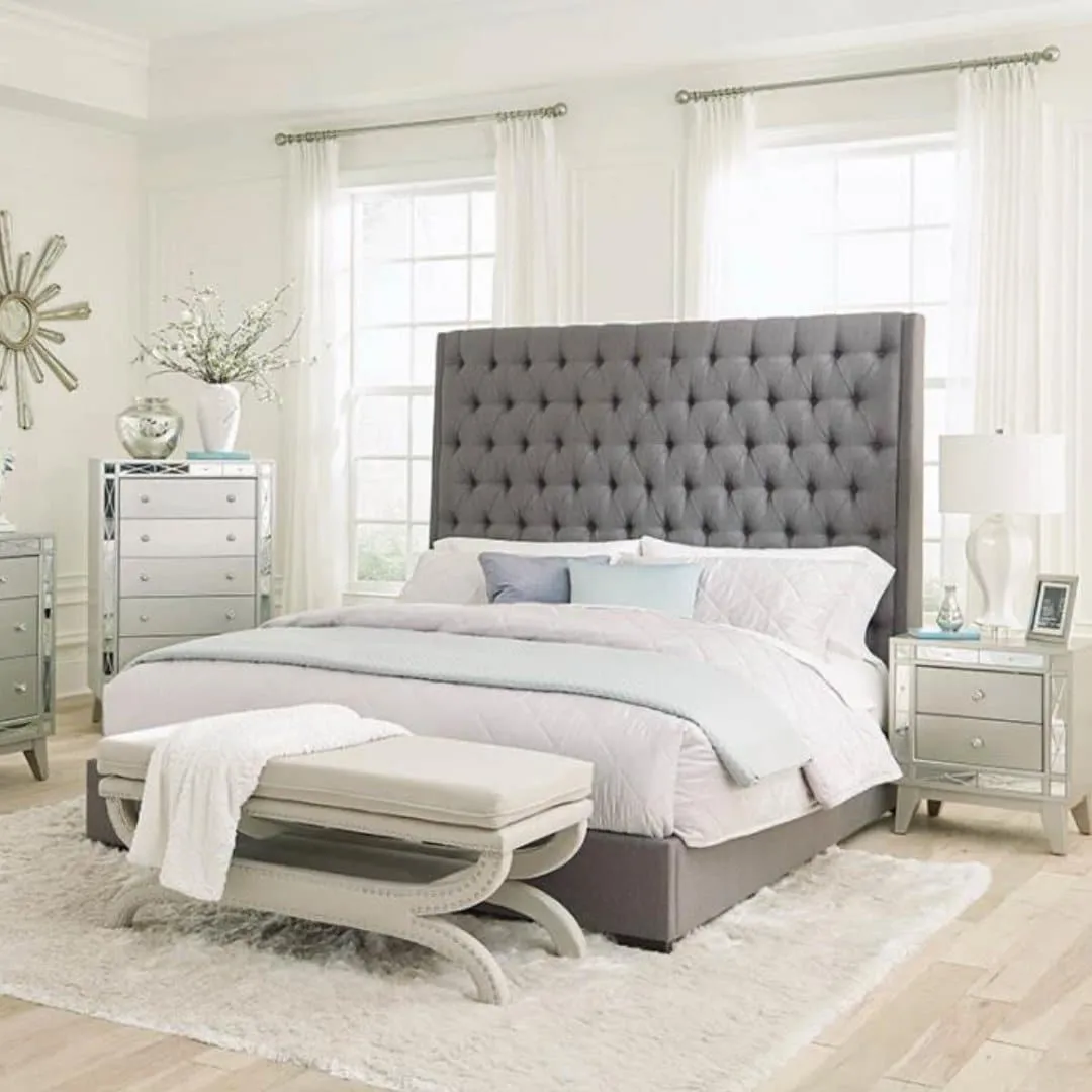 Upholstered Queen Button Tufted Bed in Grey