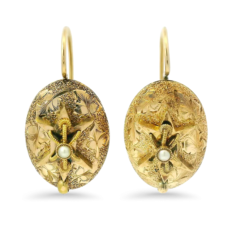 Victorian 14k Yellow Gold Engraved Pearl Drop Earrings