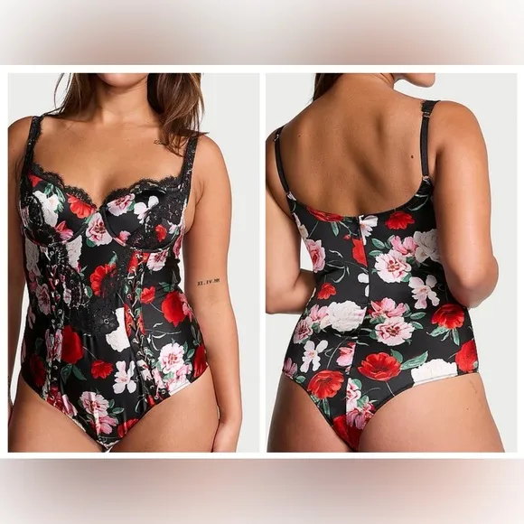 Victoria’s Secret Noir Satin Lace-Trim Cupped Bodysuit - Black Floral