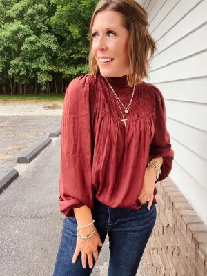 Vino Smocked Mock Neck Satin Blouse