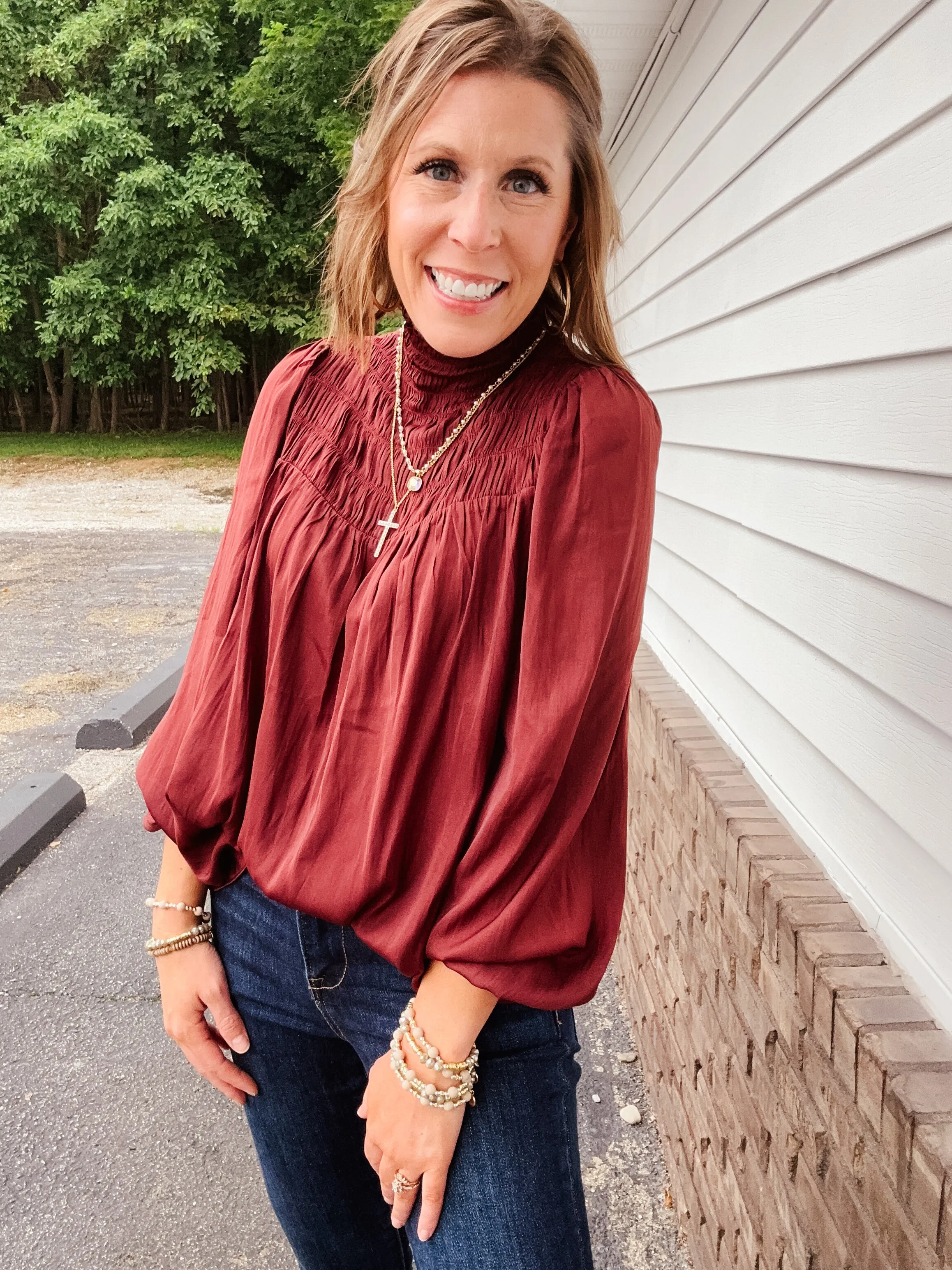Vino Smocked Mock Neck Satin Blouse