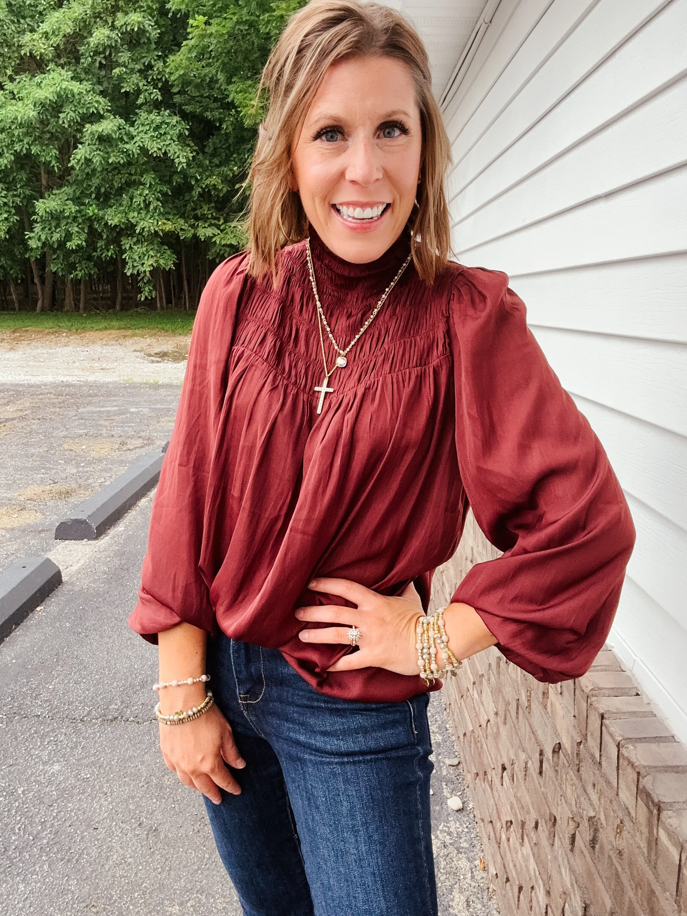 Vino Smocked Mock Neck Satin Blouse