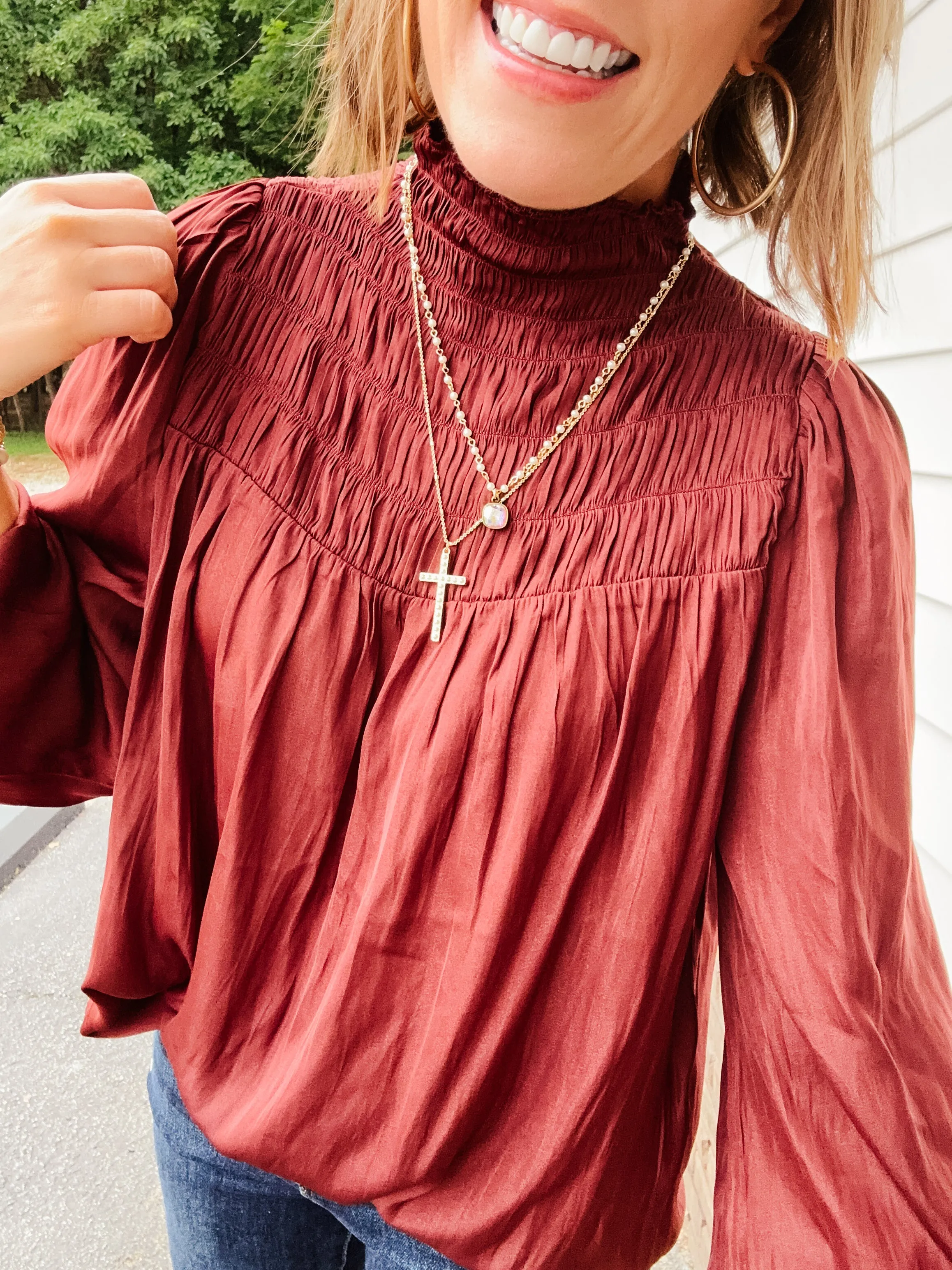 Vino Smocked Mock Neck Satin Blouse