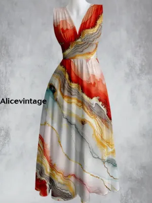 Vintage Art Print V-Neck 50's Elegant Chic Sleeveless Maxi Dress