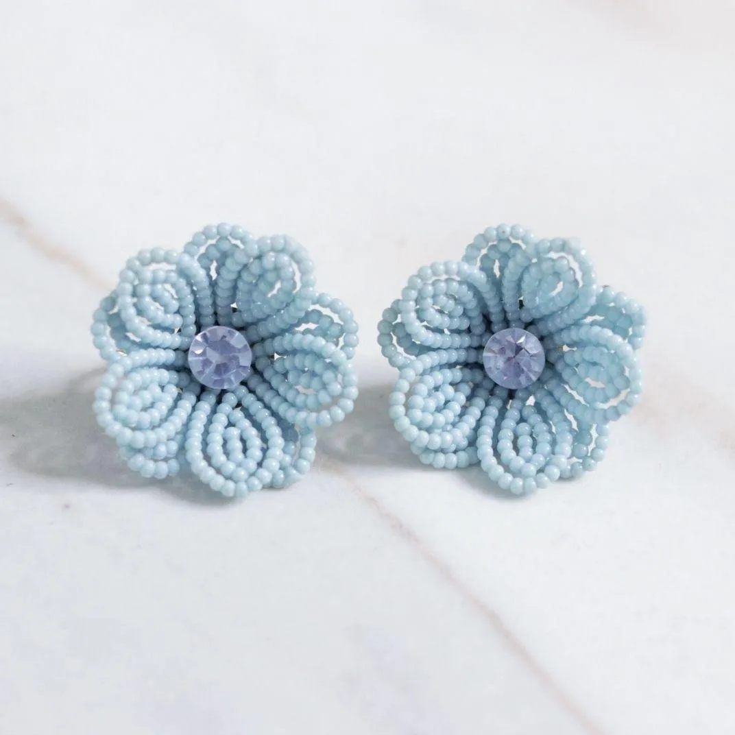 Vintage Blue Beaded Flower Earrings
