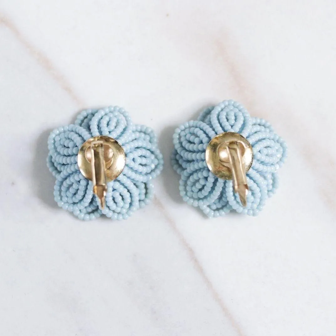Vintage Blue Beaded Flower Earrings