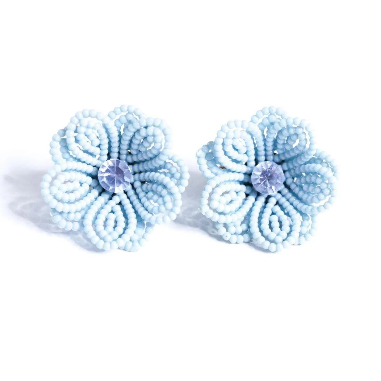 Vintage Blue Beaded Flower Earrings