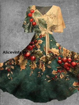 Vintage Christmas Print Short Sleeve V Neck Elegant Chic Flowy Midi Dress