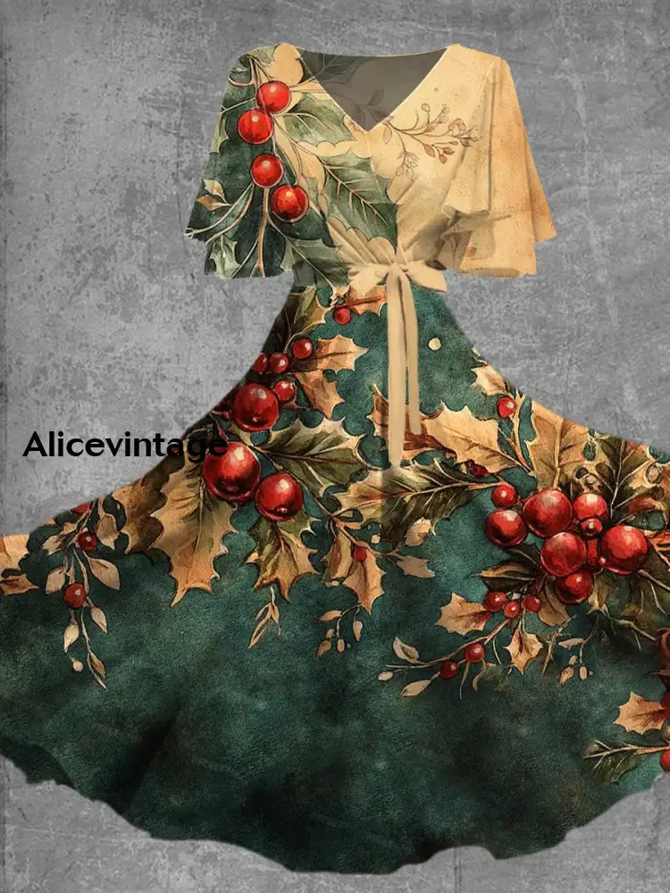 Vintage Christmas Print Short Sleeve V Neck Elegant Chic Flowy Midi Dress