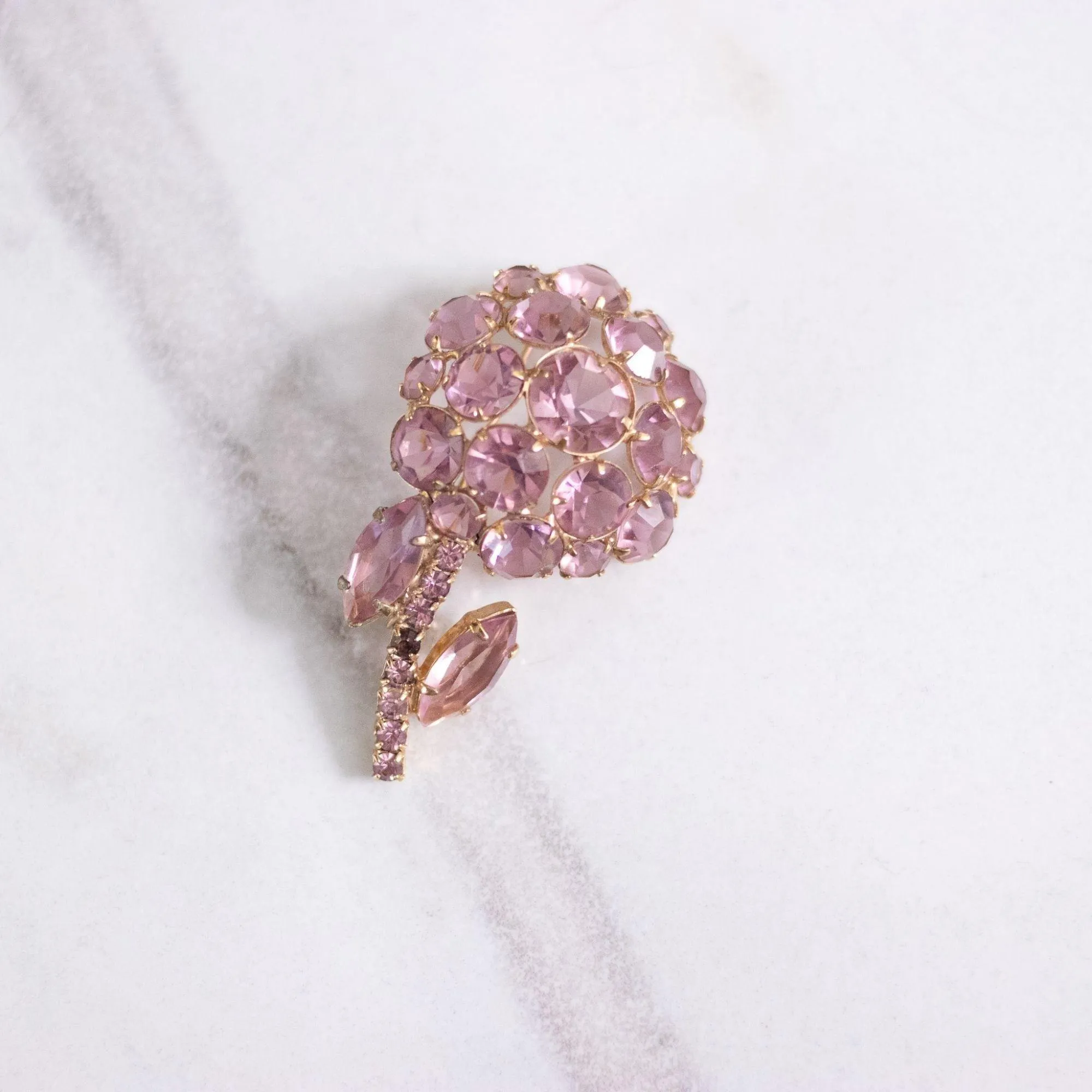 Vintage Pink Bezel Set Crystal Flower Brooch