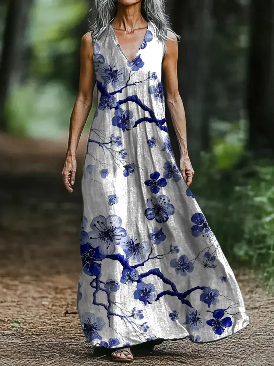 Vintage V-neck Bohemian Floral Print Elegant Chic Loose Midi Dress