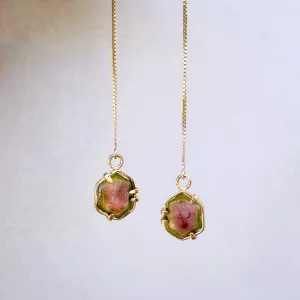 Watermelon tourmaline threader earrings in 14K gold-fill