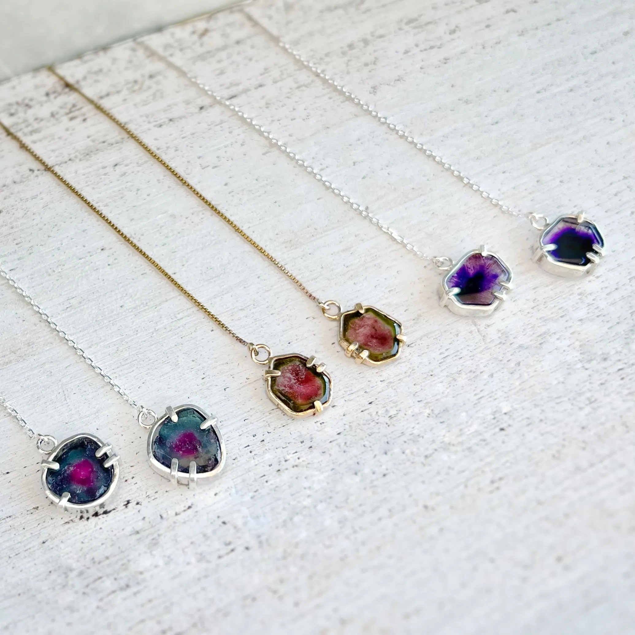 Watermelon tourmaline threader earrings in 14K gold-fill