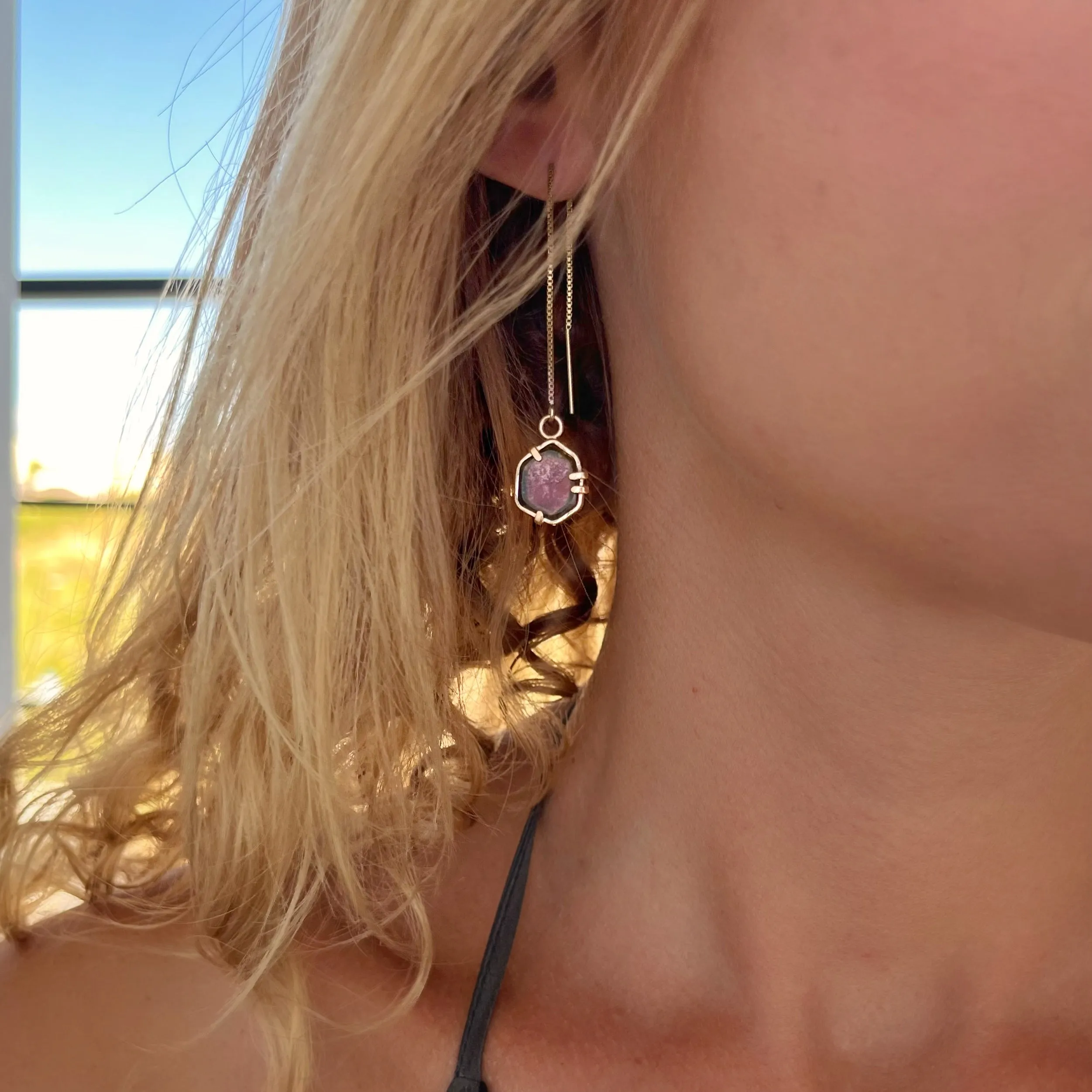 Watermelon tourmaline threader earrings in 14K gold-fill