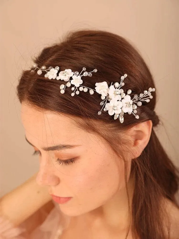 White Flower Hair Vine with Dual Combs, Bridal Pearl Wire Wedding Headband Floral Head Wreath Hair Vine