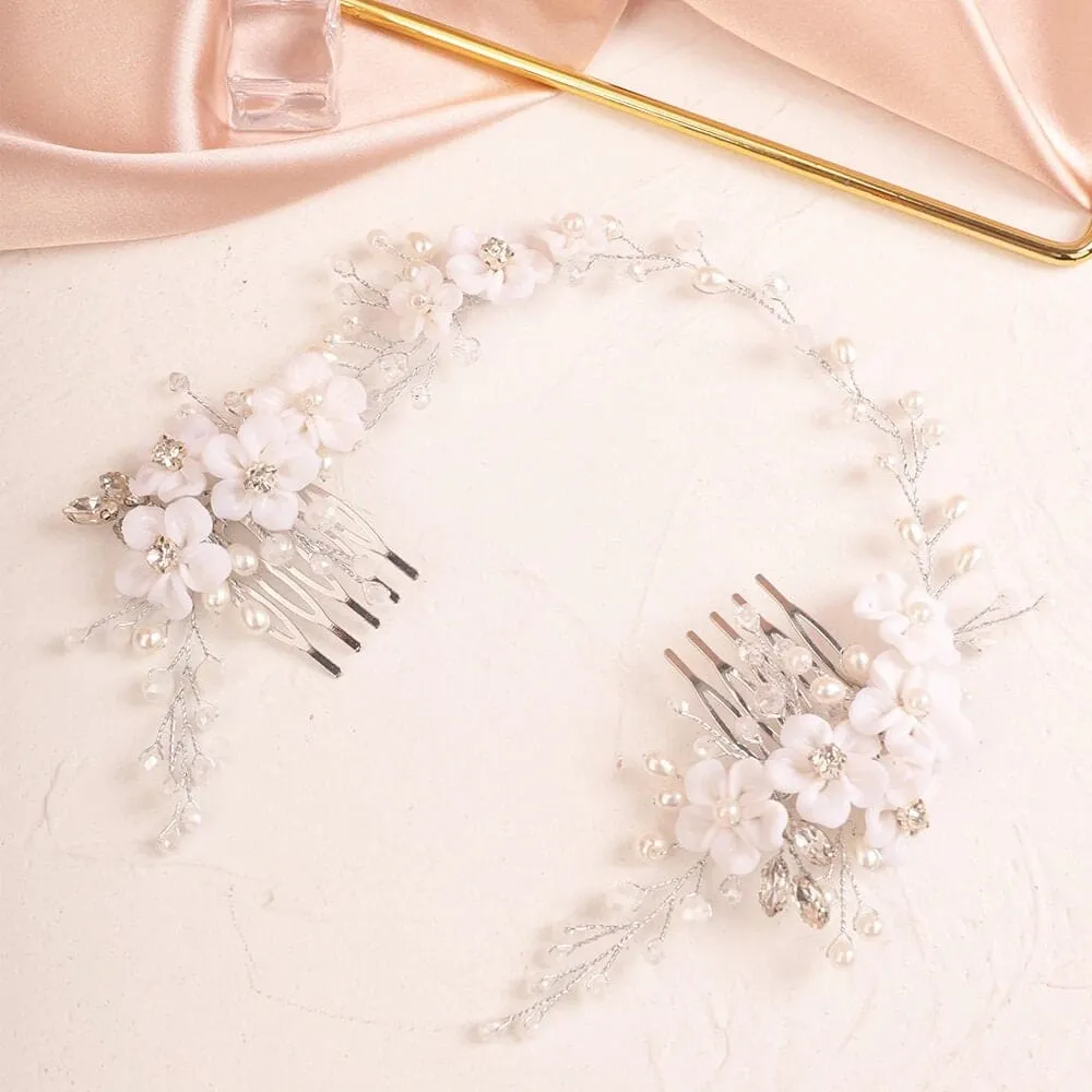 White Flower Hair Vine with Dual Combs, Bridal Pearl Wire Wedding Headband Floral Head Wreath Hair Vine