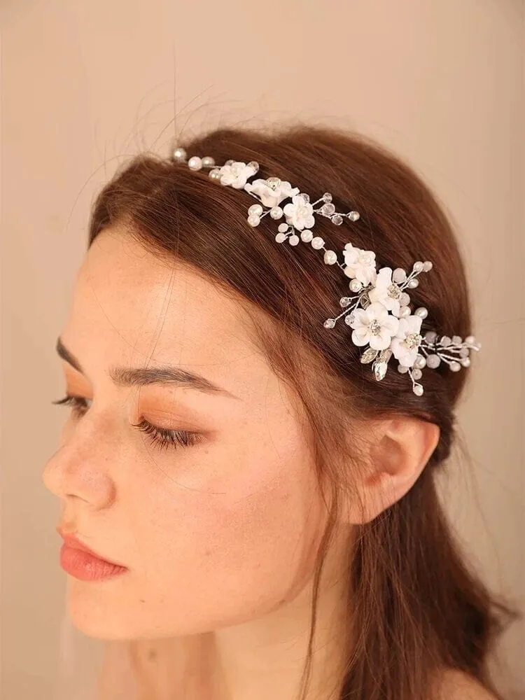 White Flower Hair Vine with Dual Combs, Bridal Pearl Wire Wedding Headband Floral Head Wreath Hair Vine