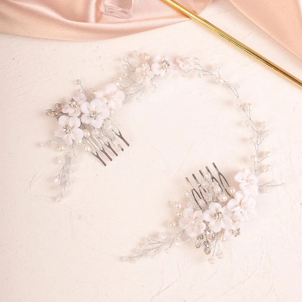 White Flower Hair Vine with Dual Combs, Bridal Pearl Wire Wedding Headband Floral Head Wreath Hair Vine