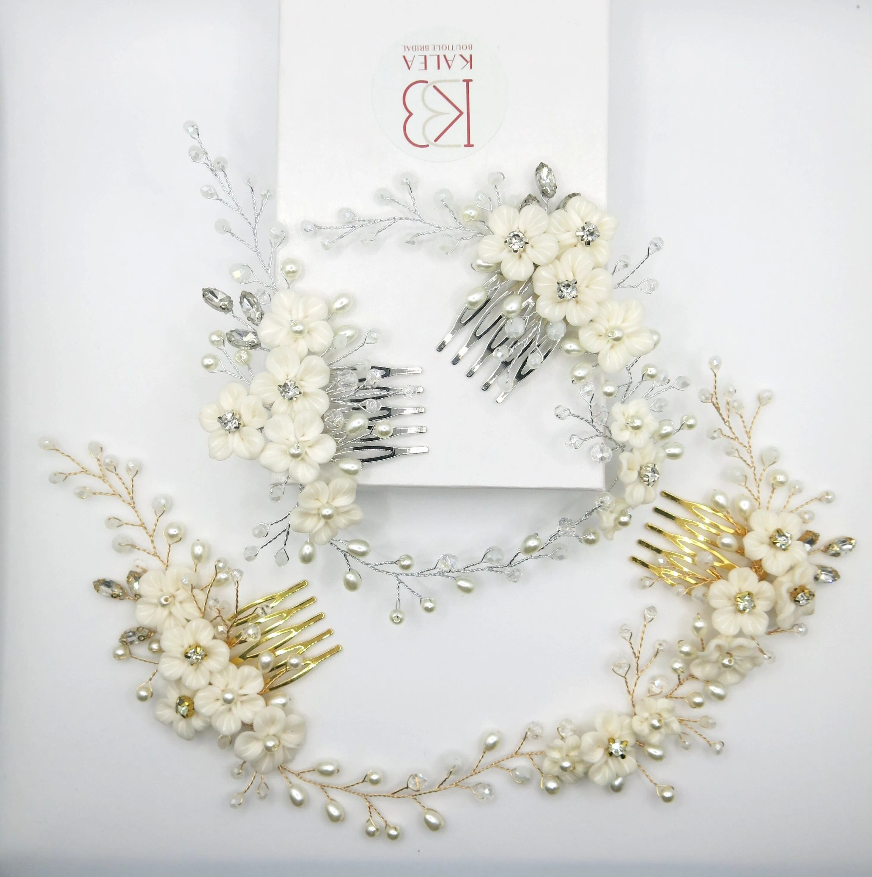 White Flower Hair Vine with Dual Combs, Bridal Pearl Wire Wedding Headband Floral Head Wreath Hair Vine