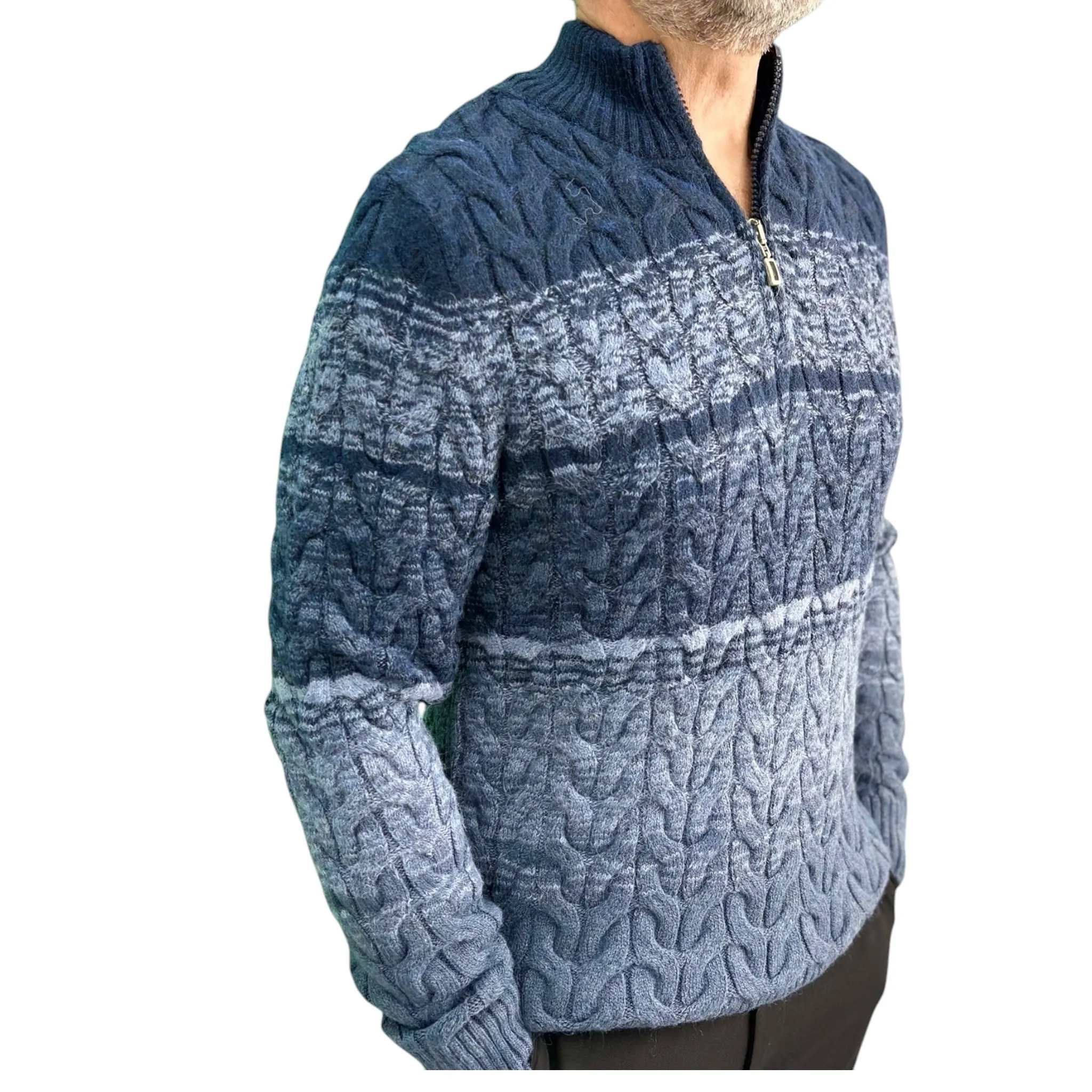 Winter - Half Zipper Collar - Wool-   Essential  Sweater-Navy Blue with Light Gray