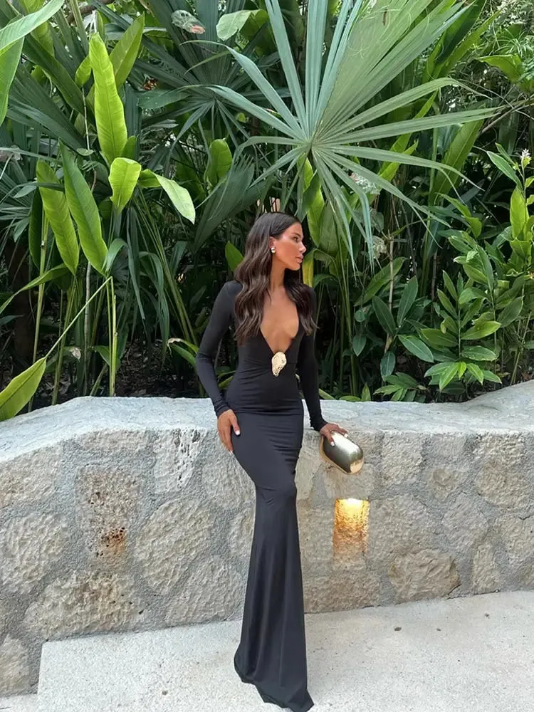 Women's Elegant Black V-neck Maxi Dress Chic Long Sleeve Bodycon Boutique Fashion Long Dress