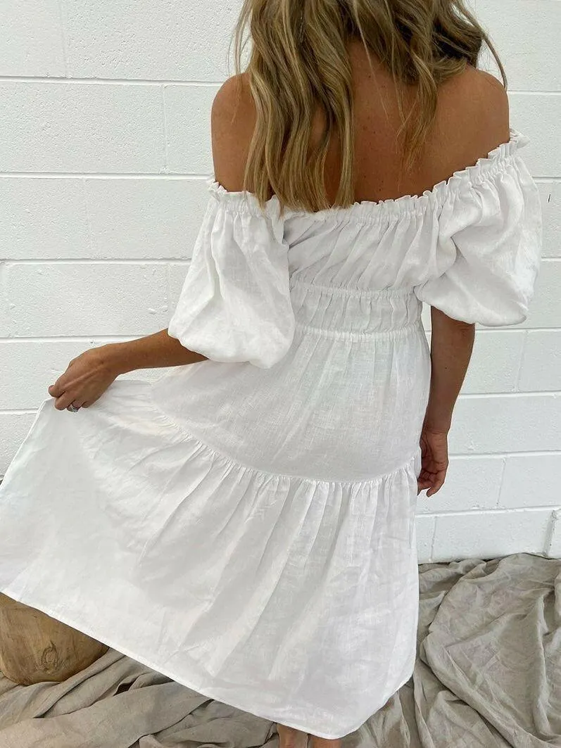Women's Graceful And Fashionable Off-neck Cotton Puff Sleeve Dress
