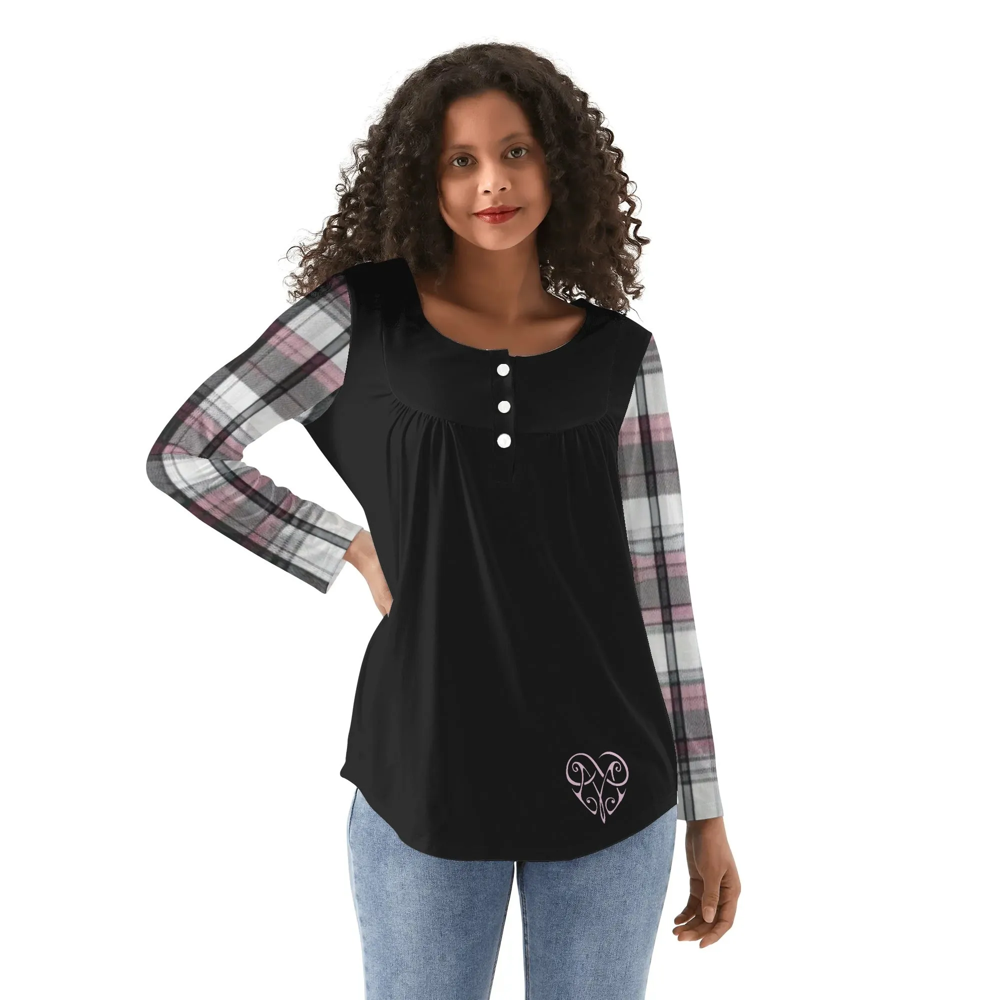 Women's Melisa Design Pink, White, & Black Plaid Babydoll Neck Casual Top