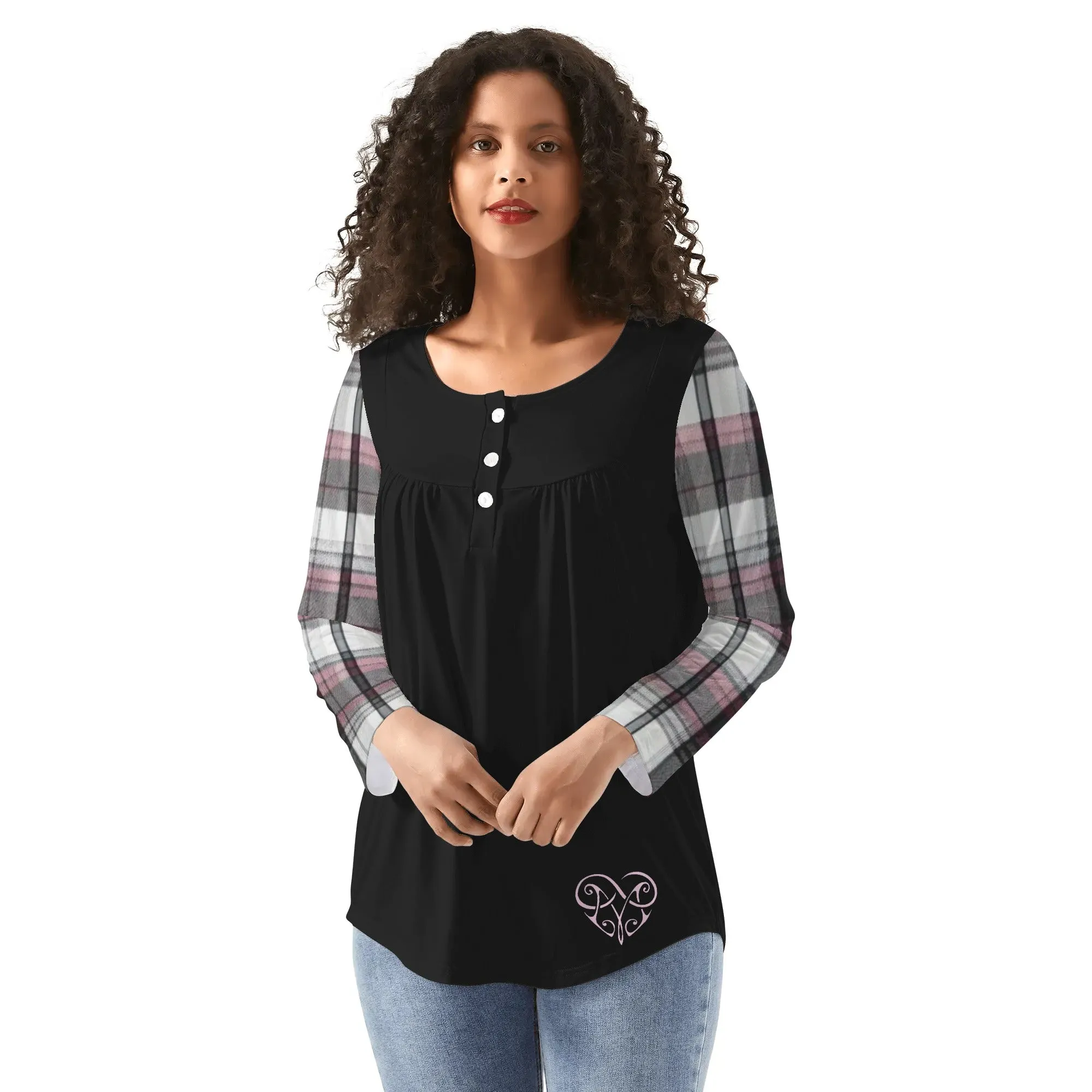 Women's Melisa Design Pink, White, & Black Plaid Babydoll Neck Casual Top