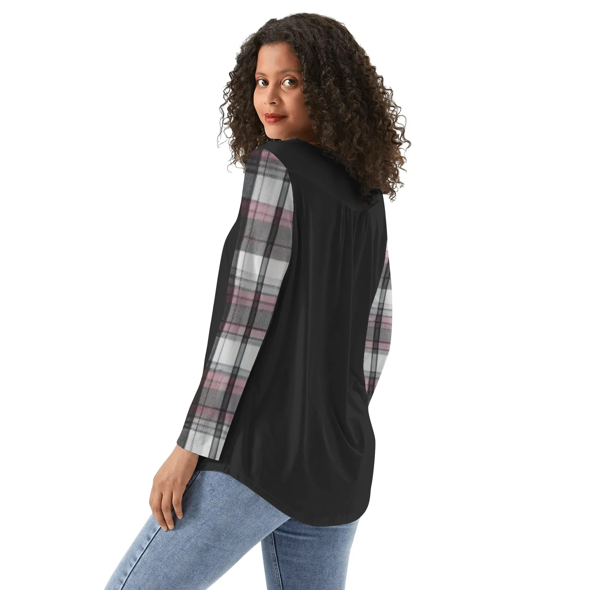 Women's Melisa Design Pink, White, & Black Plaid Babydoll Neck Casual Top