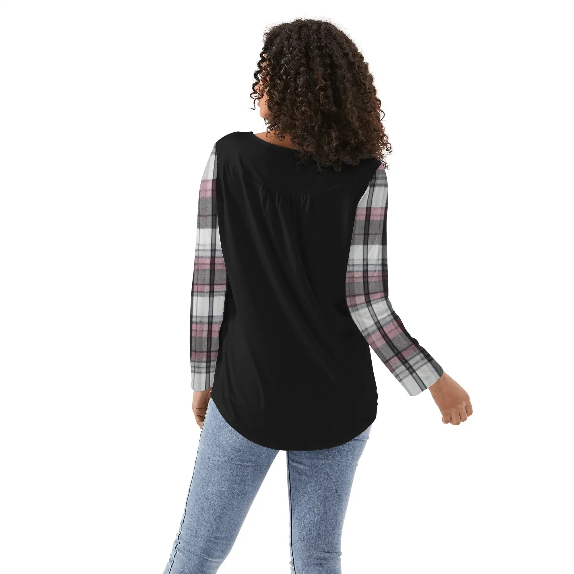 Women's Melisa Design Pink, White, & Black Plaid Babydoll Neck Casual Top