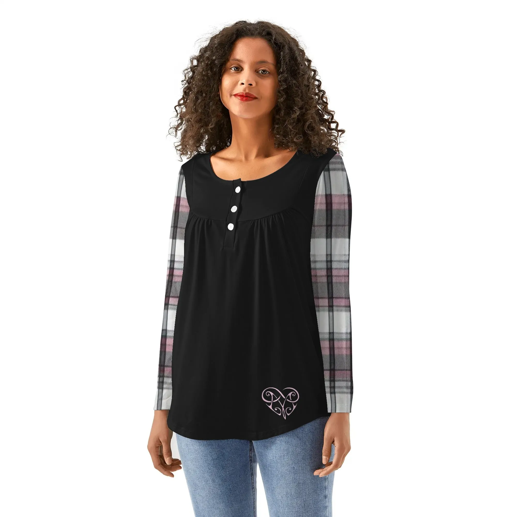 Women's Melisa Design Pink, White, & Black Plaid Babydoll Neck Casual Top