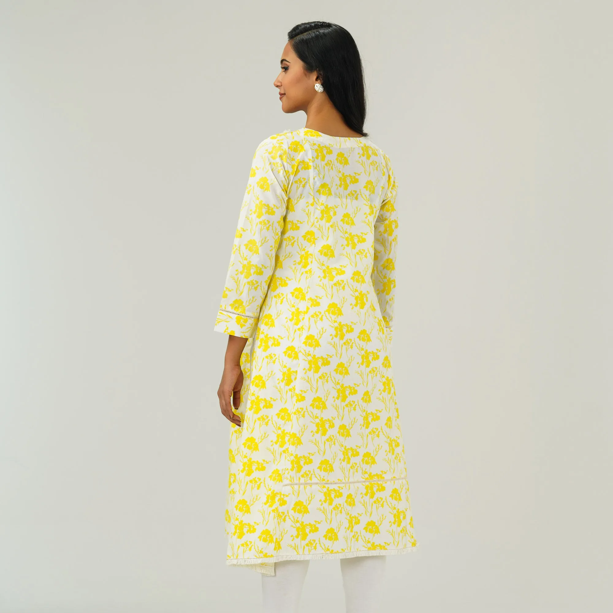 Womens White & Yellow Kurti