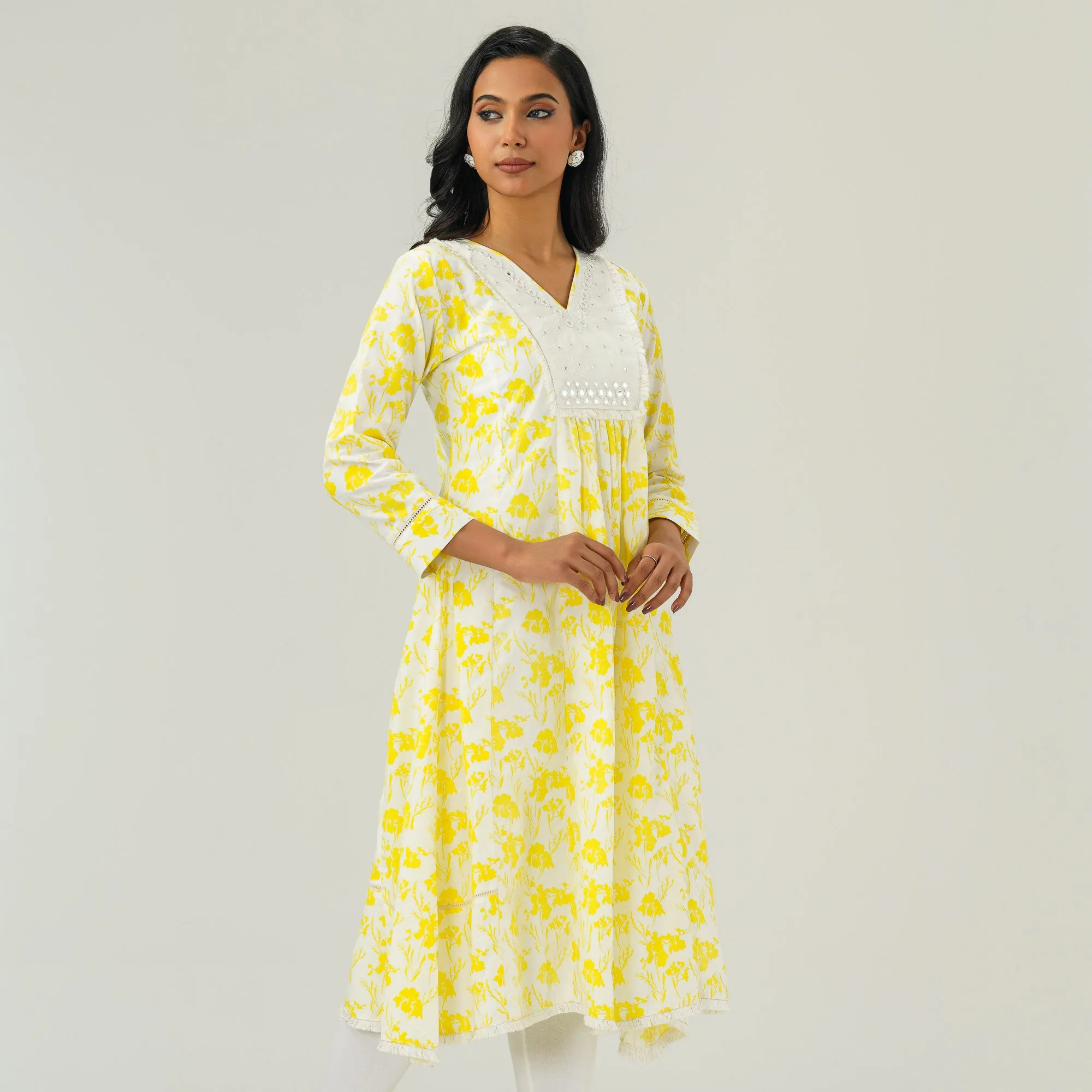 Womens White & Yellow Kurti