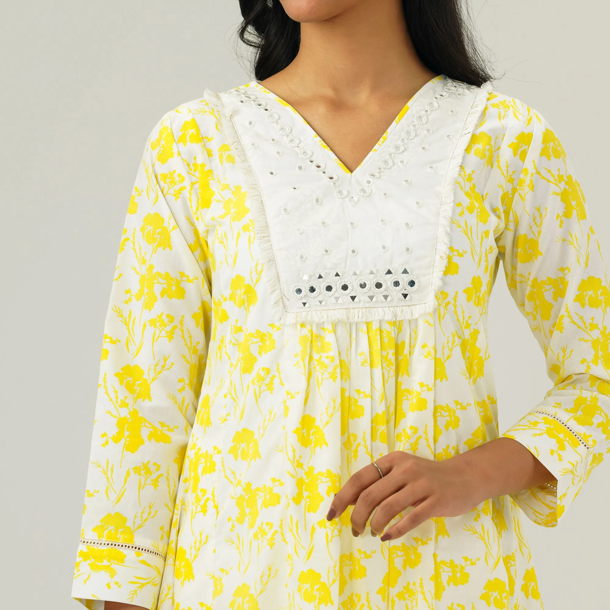 Womens White & Yellow Kurti