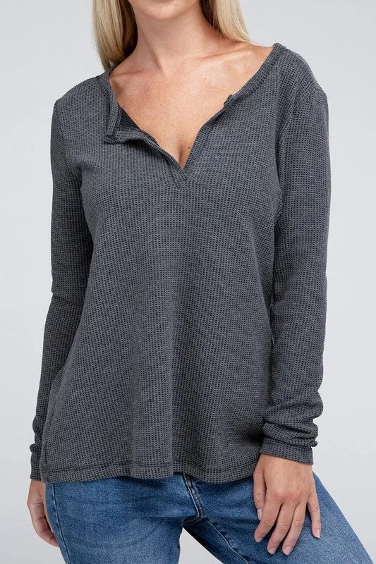 ZENANA Melange Baby Waffle V-Neck Long Sleeve Top