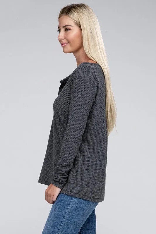 ZENANA Melange Baby Waffle V-Neck Long Sleeve Top