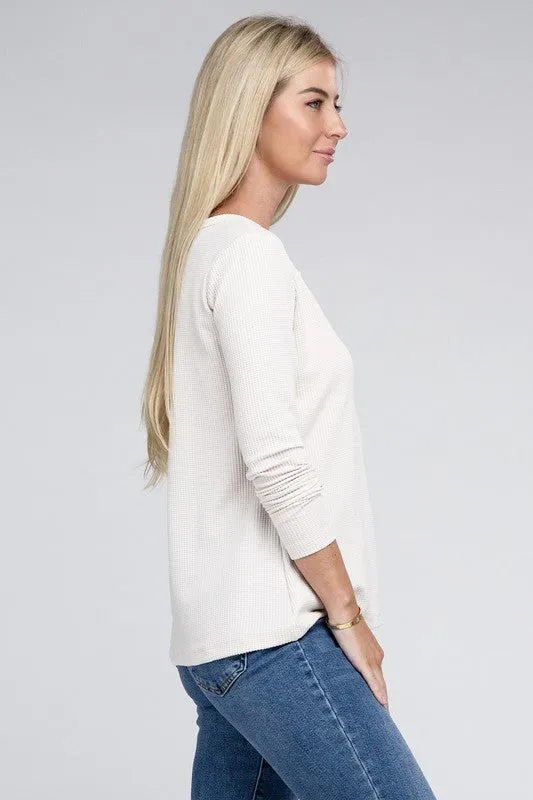 ZENANA Melange Baby Waffle V-Neck Long Sleeve Top