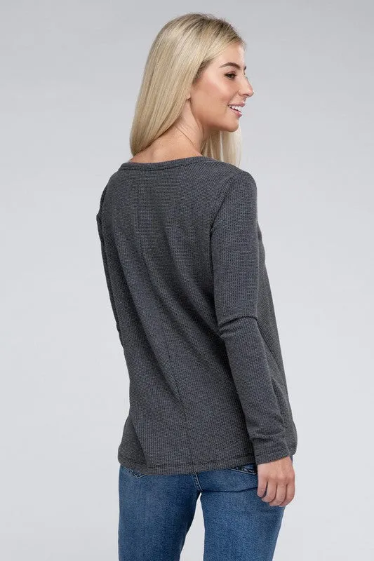 ZENANA Melange Baby Waffle V-Neck Long Sleeve Top