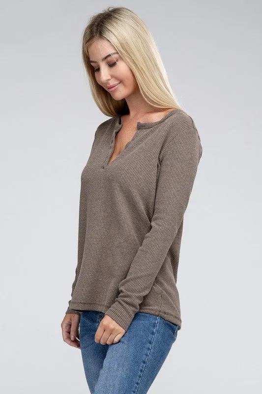 ZENANA Melange Baby Waffle V-Neck Long Sleeve Top