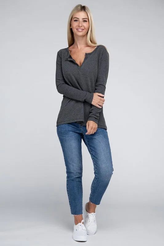 ZENANA Melange Baby Waffle V-Neck Long Sleeve Top
